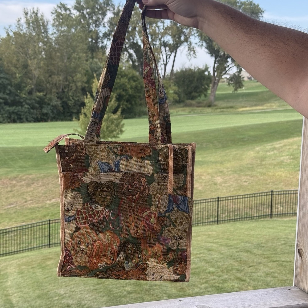Puppy Dogs Tapestry Shoulder Bag Cottagecore Tapestry fabric Zip Closure
